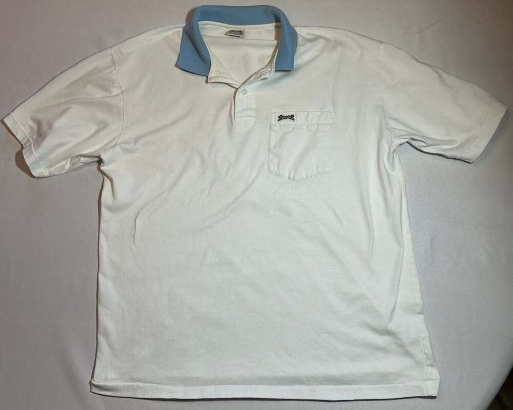 Le Tigre Vintage Men's White Polo Shirt with Light Blue Collar and Pocket